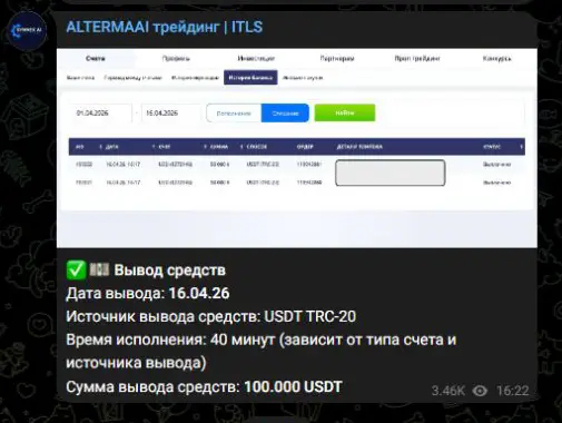 Публикация ITLS о выводе 100 тысяч USDT